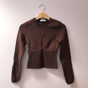 Aritzia Babaton mocha longsleeve rib-knit corset top (S)